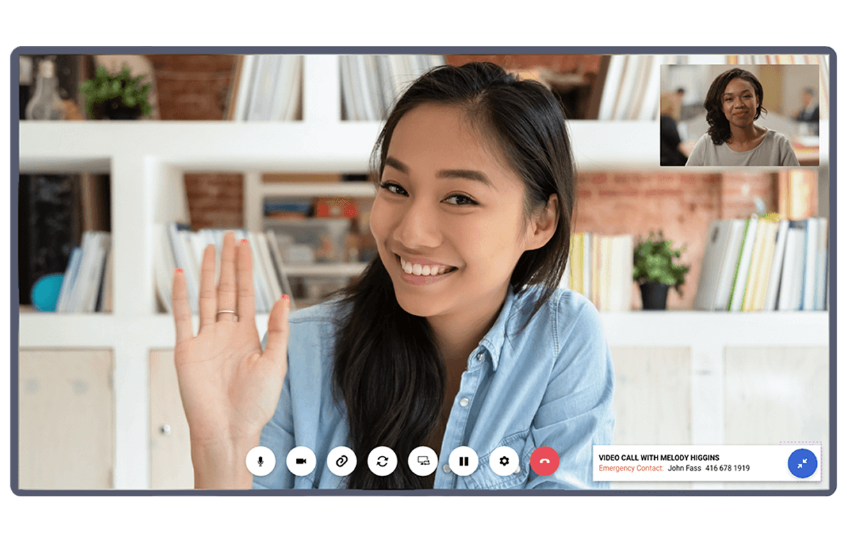 The virtual conferencing interface with the patient note panel collapsed, enabling better face to face communication between callers.